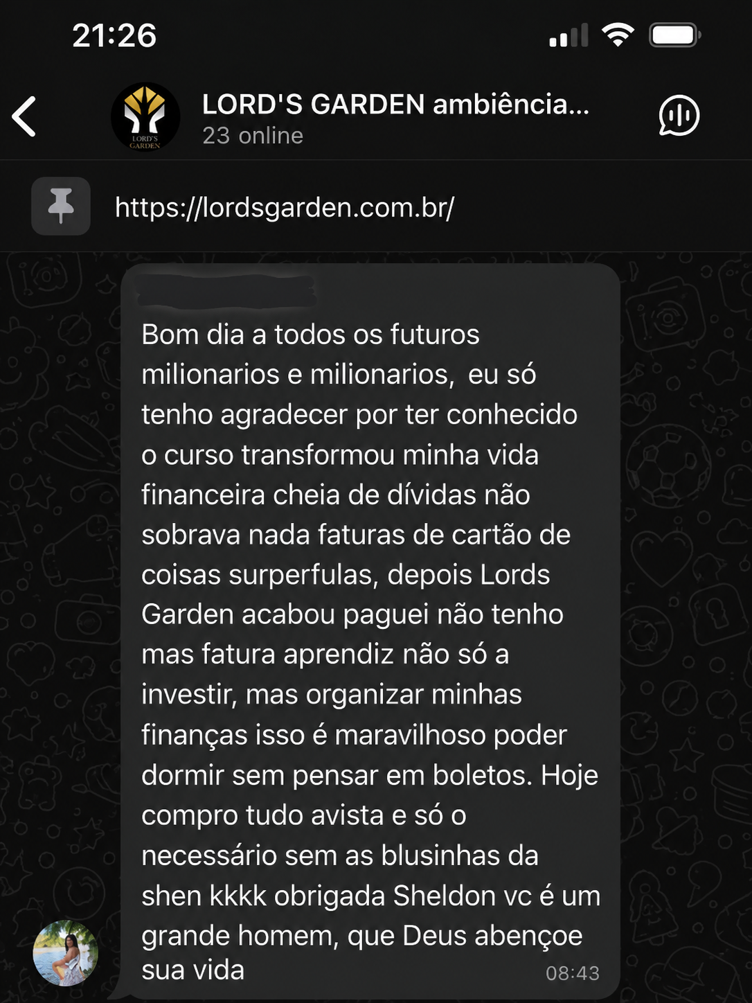 Depoimento de aluno Lord's Garden no WhatsApp