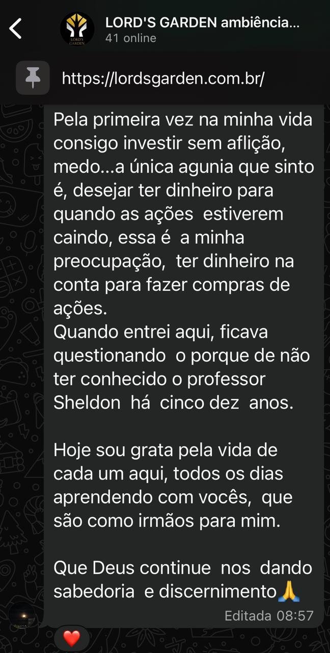 Depoimento de aluno Lord's Garden no WhatsApp