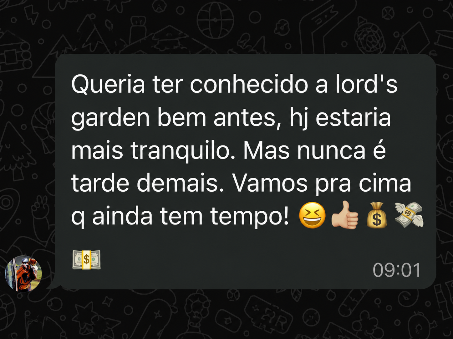 Depoimento de aluno Lord's Garden no WhatsApp