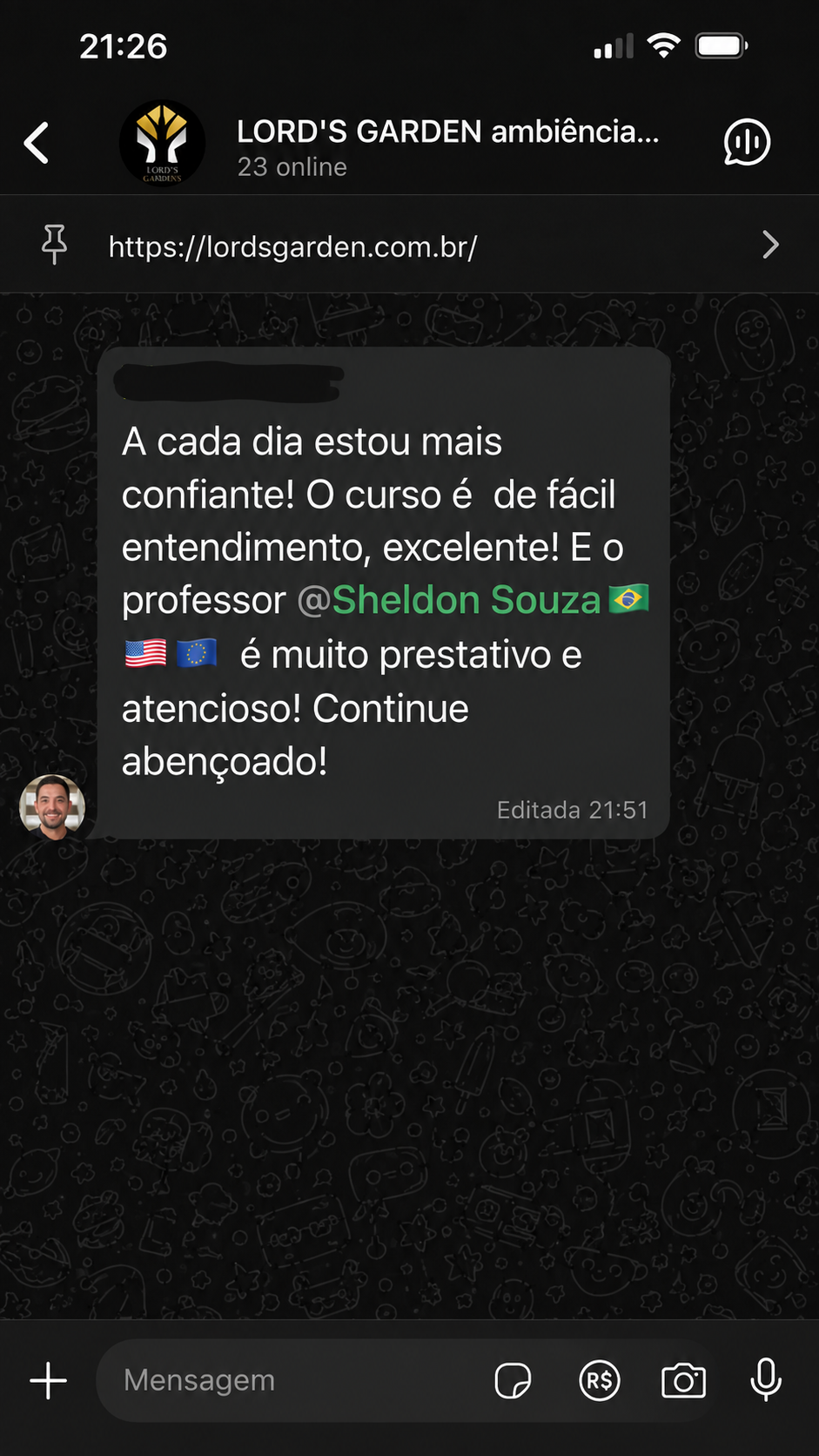 Depoimento de aluno Lord's Garden no WhatsApp