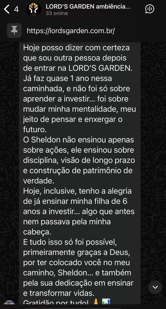 Depoimento de aluno Lord's Garden no WhatsApp