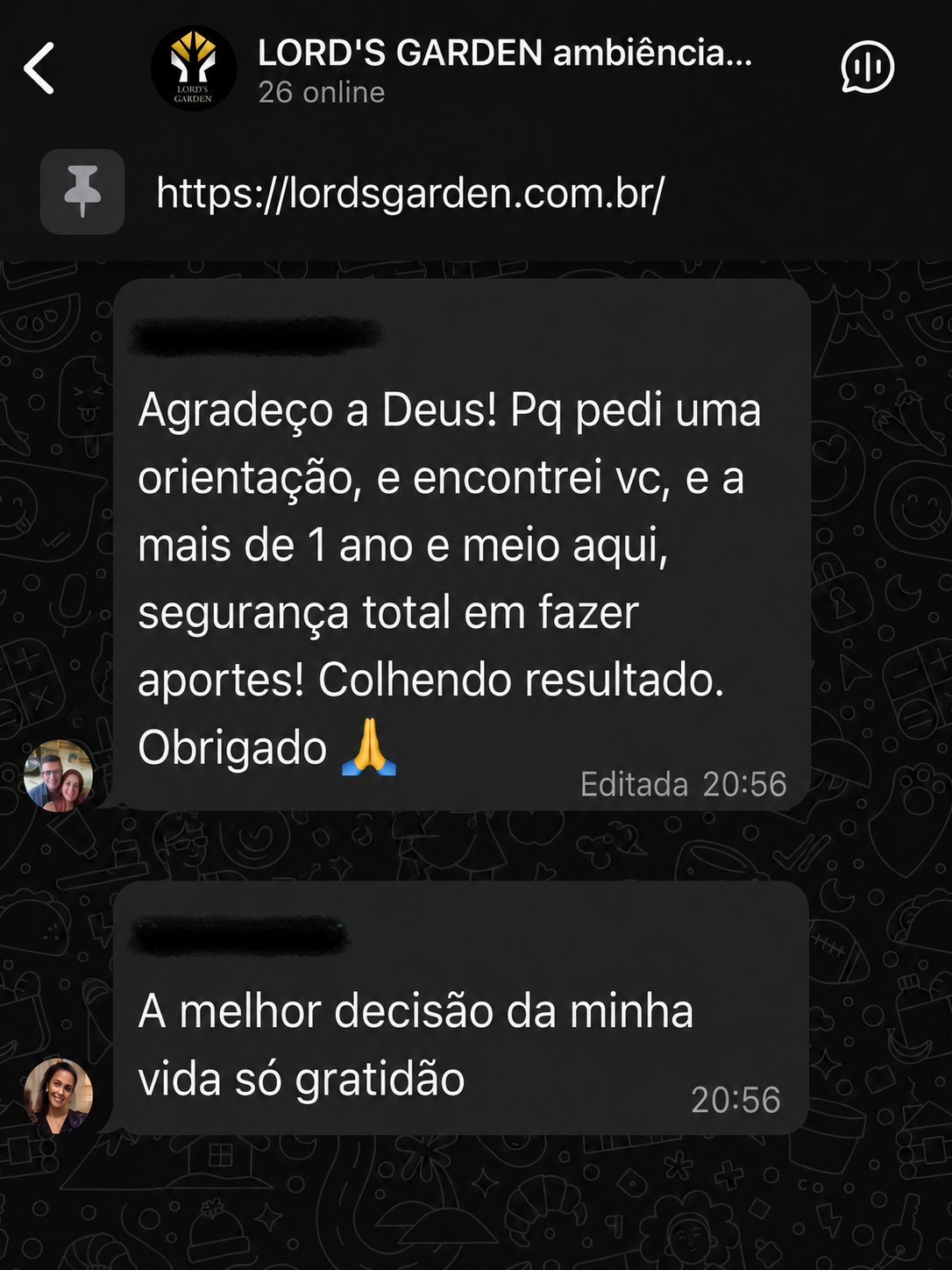 Depoimento de aluno Lord's Garden no WhatsApp