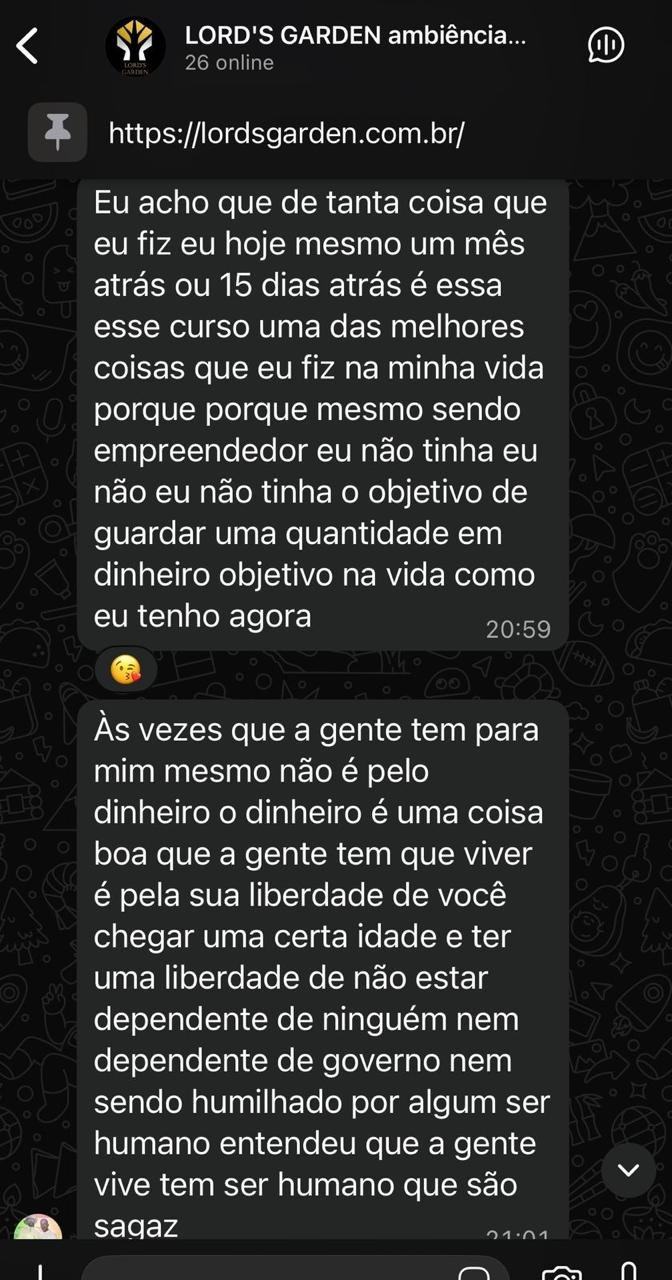 Depoimento de aluno Lord's Garden no WhatsApp