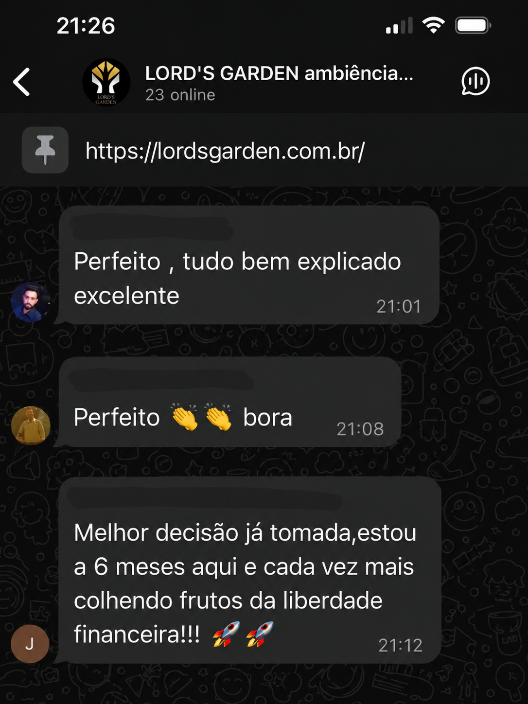 Depoimento de aluno Lord's Garden no WhatsApp