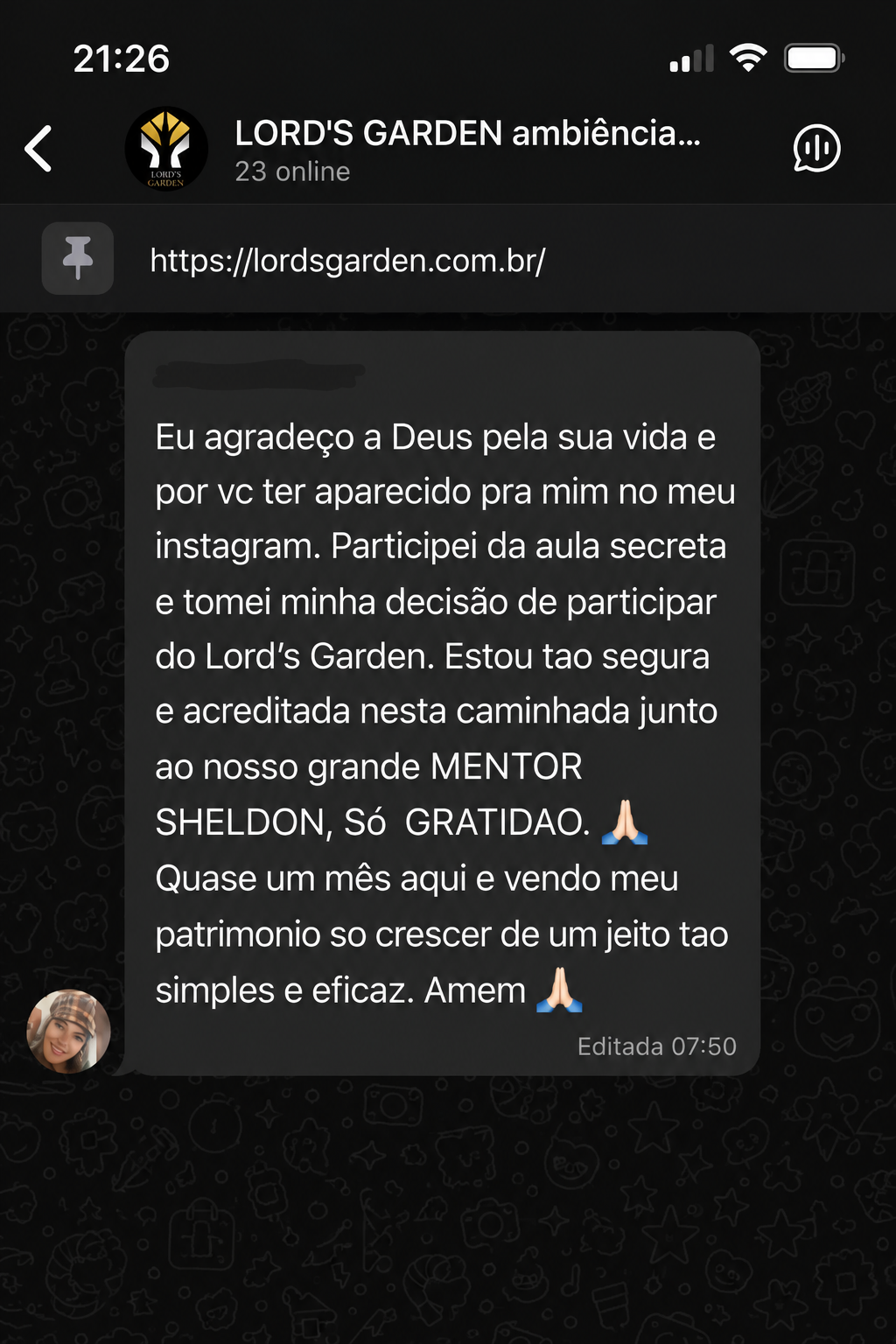 Depoimento de aluno Lord's Garden no WhatsApp