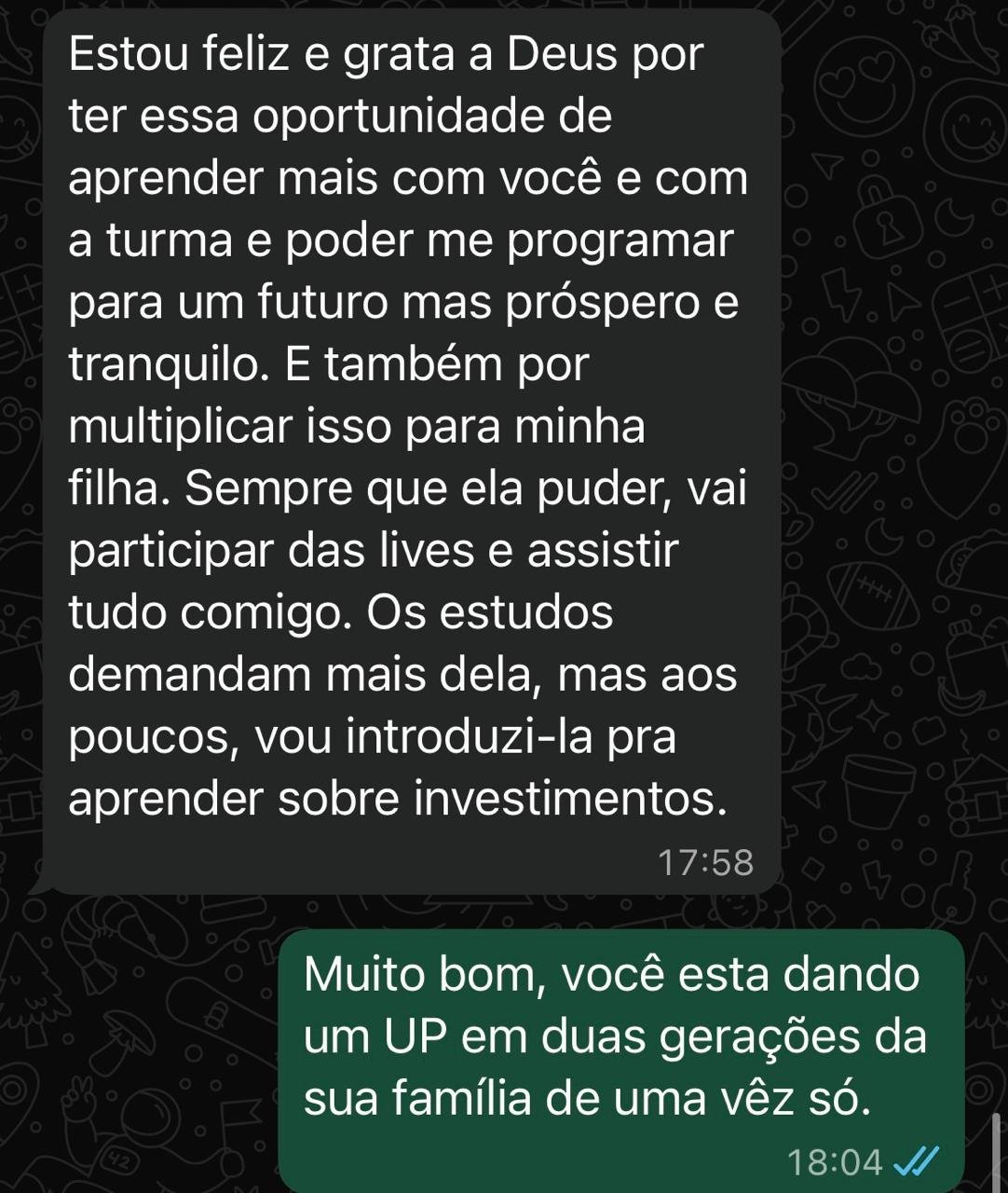 Depoimento de aluno Lord's Garden no WhatsApp