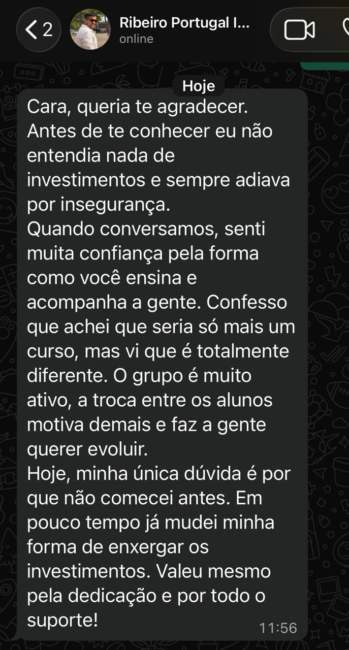 Depoimento de aluno Lord's Garden no WhatsApp