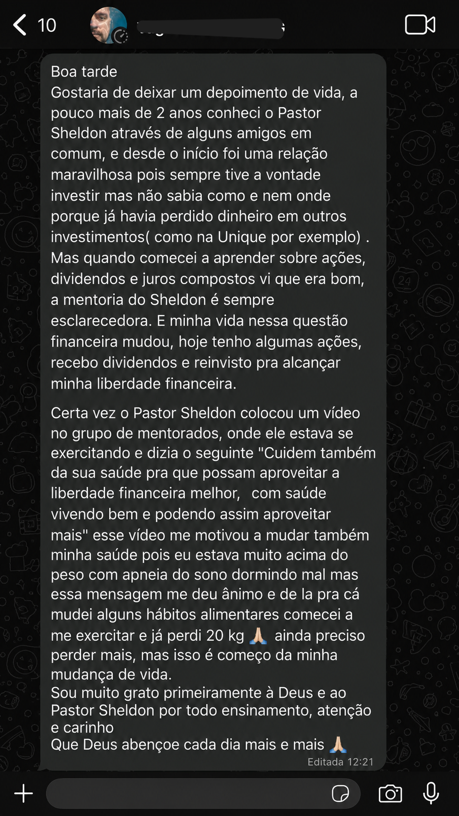 Depoimento de aluno Lord's Garden no WhatsApp