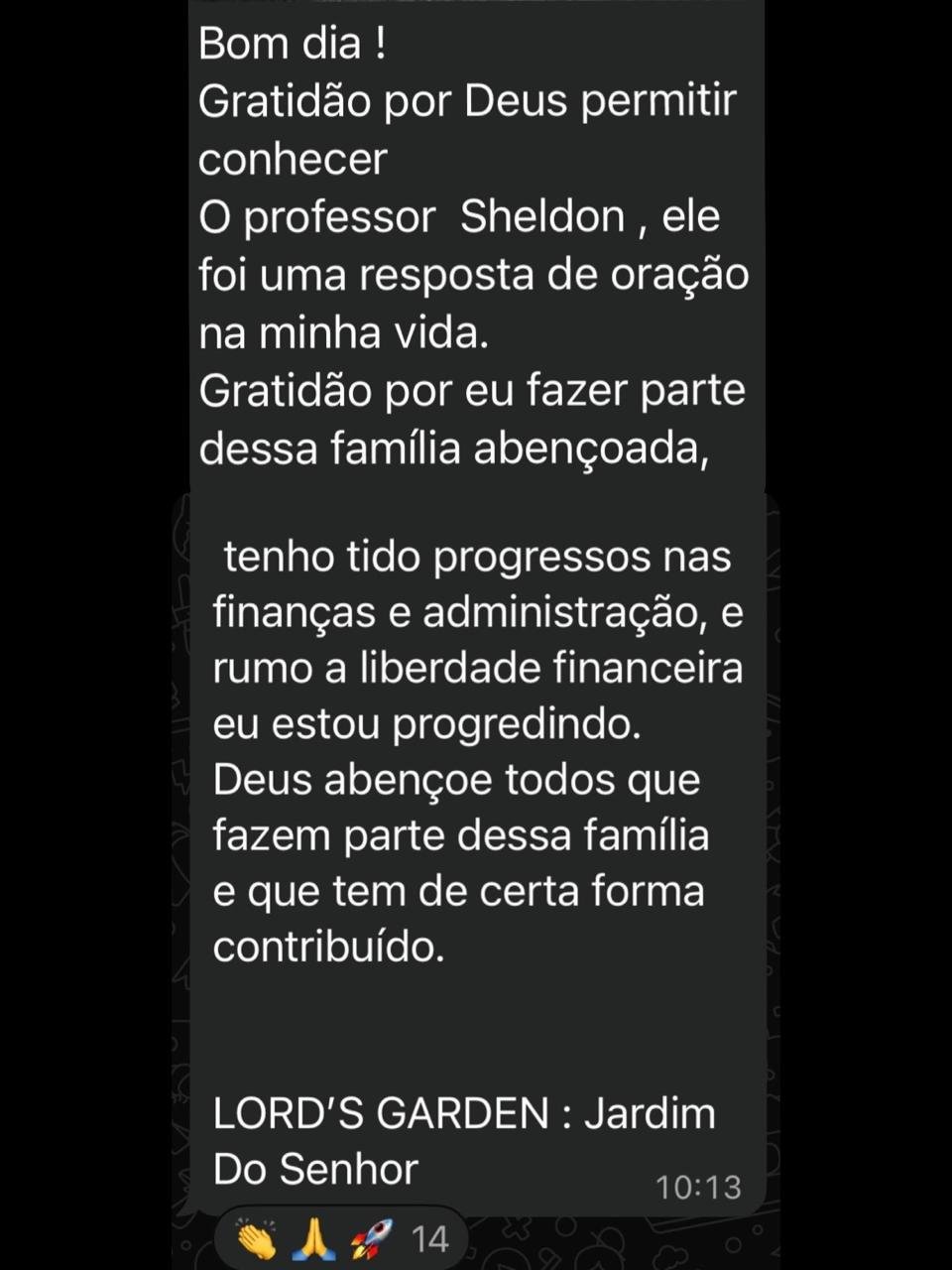 Depoimento de aluno Lord's Garden no WhatsApp