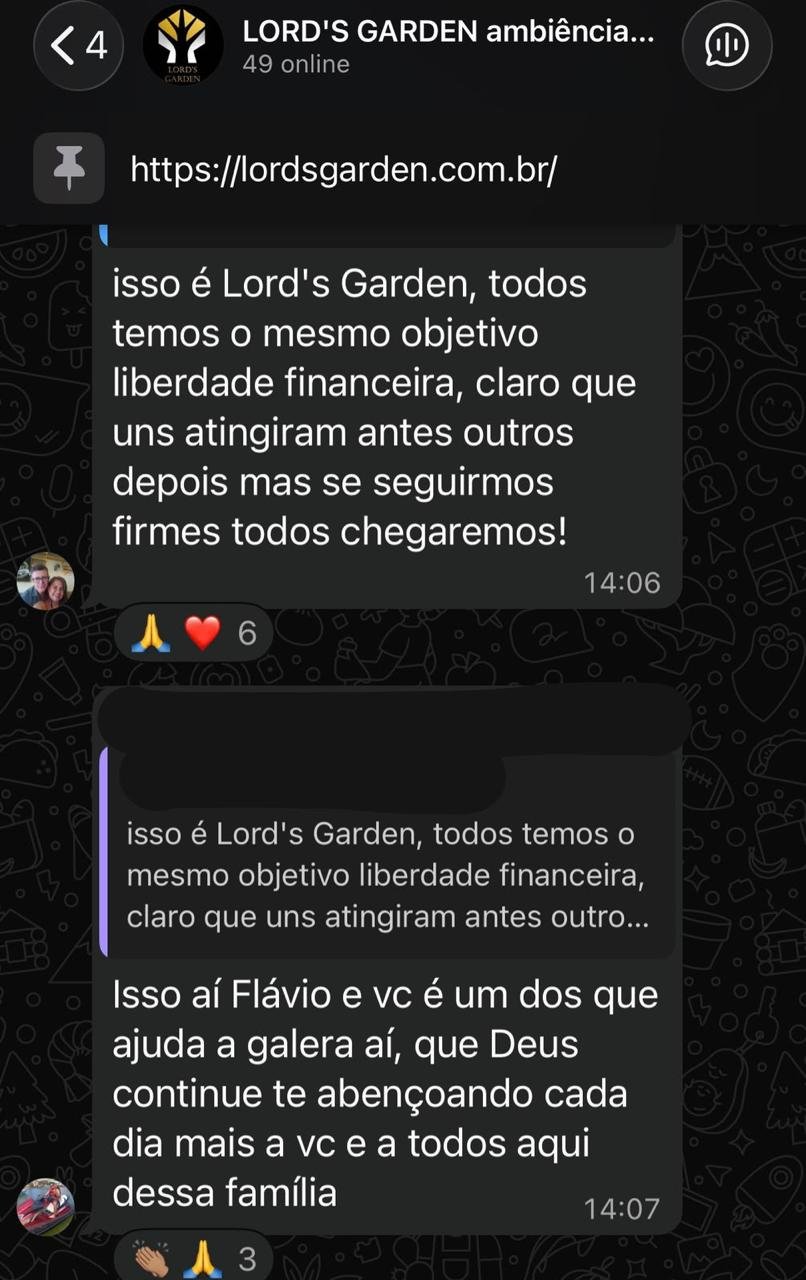 Depoimento de aluno Lord's Garden no WhatsApp