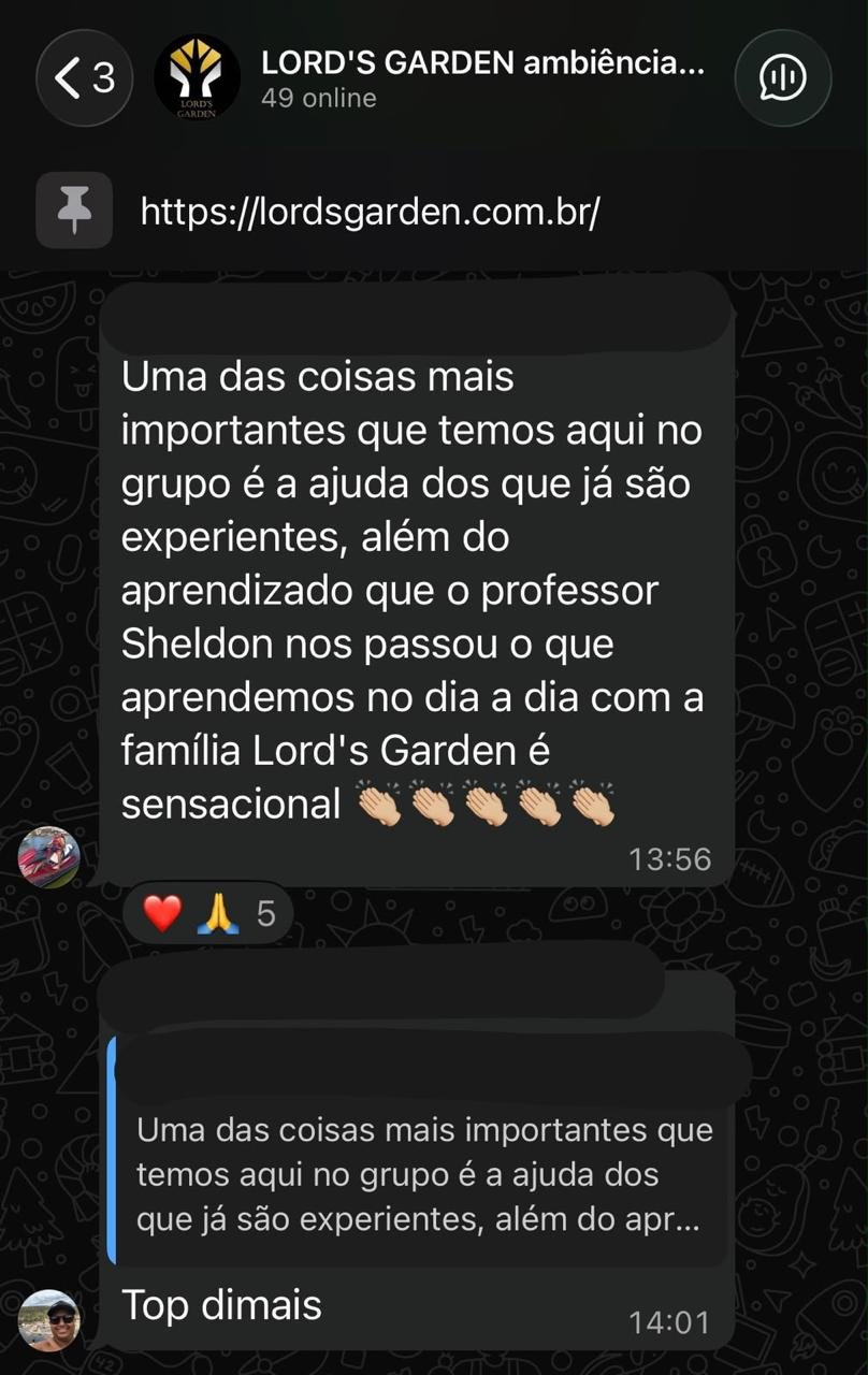 Depoimento de aluno Lord's Garden no WhatsApp